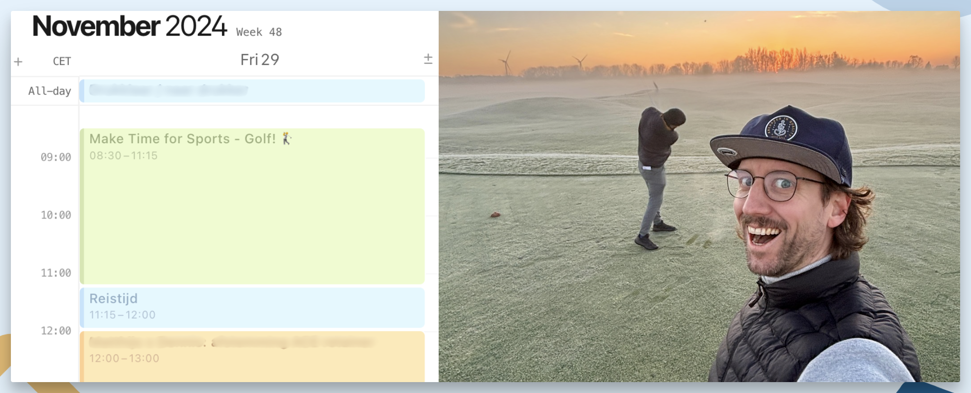 Screenshot van een agenda en Matthijs op de golfbaan.